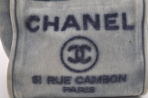 Authentic CHANEL Deauville Line CC Logo Chain Tote Bag Denim Leather Blue 0281J