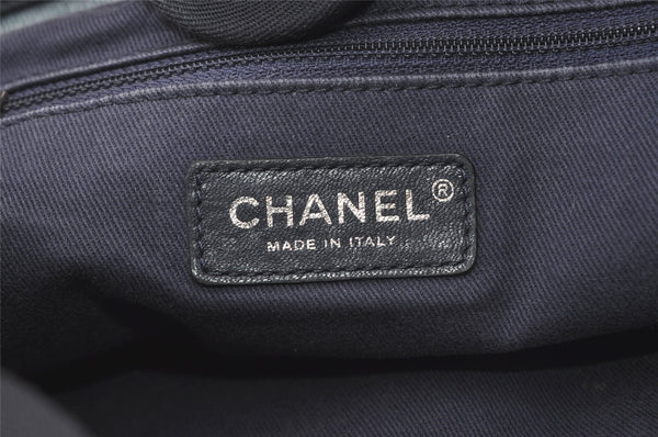 Authentic CHANEL Deauville Line CC Logo Chain Tote Bag Denim Leather Blue 0281J