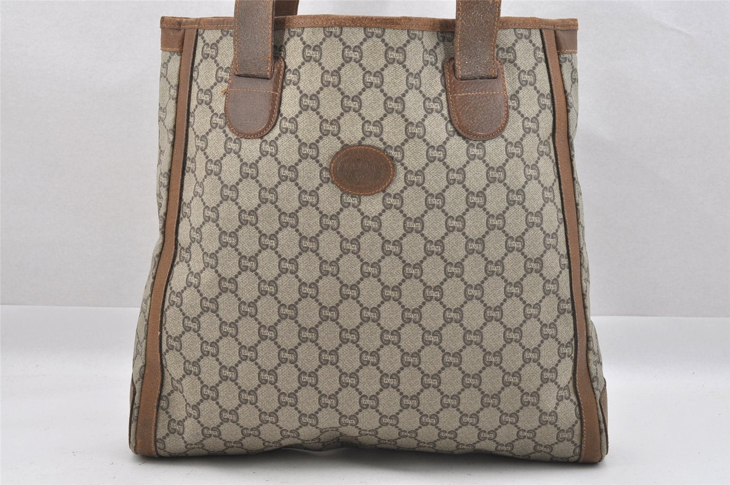 Authentic GUCCI Vintage GG Plus Shoulder Tote Bag GG PVC Leather Brown 0286J