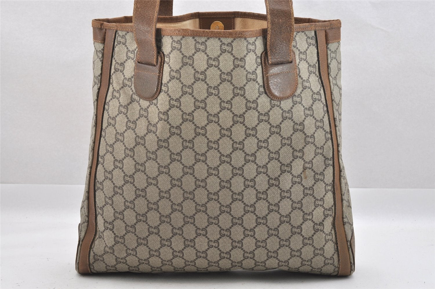 Authentic GUCCI Vintage GG Plus Shoulder Tote Bag GG PVC Leather Brown 0286J