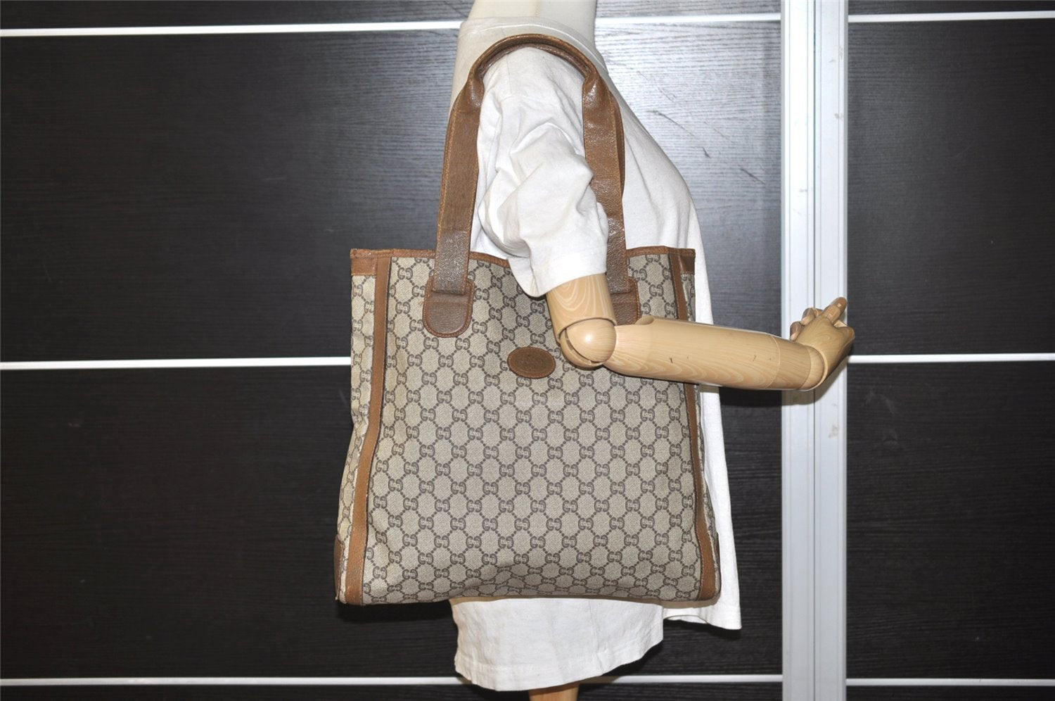 Authentic GUCCI Vintage GG Plus Shoulder Tote Bag GG PVC Leather Brown 0286J