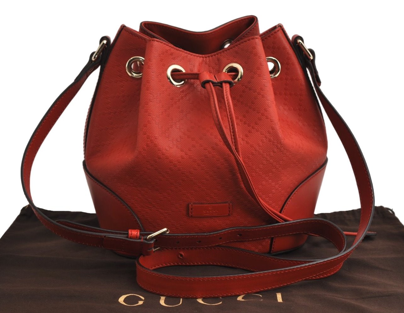 Authentic GUCCI Bright Diamante Shoulder Drawstring Bag Leather 354229 Red 0288K