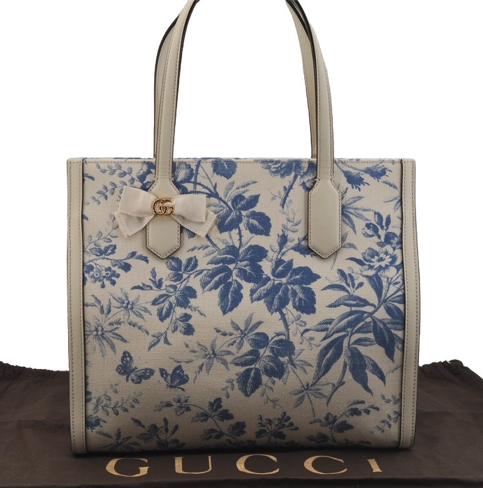 Authentic GUCCI GG Ribbon Herbarium Tote Bag Canvas Leather 432684 White 0290J