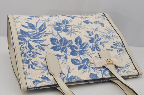 Authentic GUCCI GG Ribbon Herbarium Tote Bag Canvas Leather 432684 White 0290J