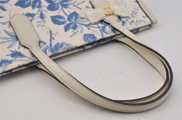 Authentic GUCCI GG Ribbon Herbarium Tote Bag Canvas Leather 432684 White 0290J