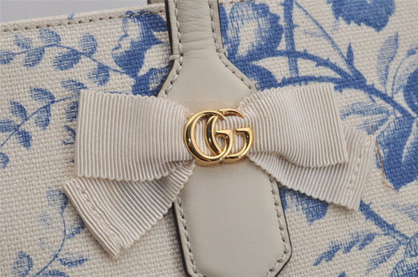 Authentic GUCCI GG Ribbon Herbarium Tote Bag Canvas Leather 432684 White 0290J