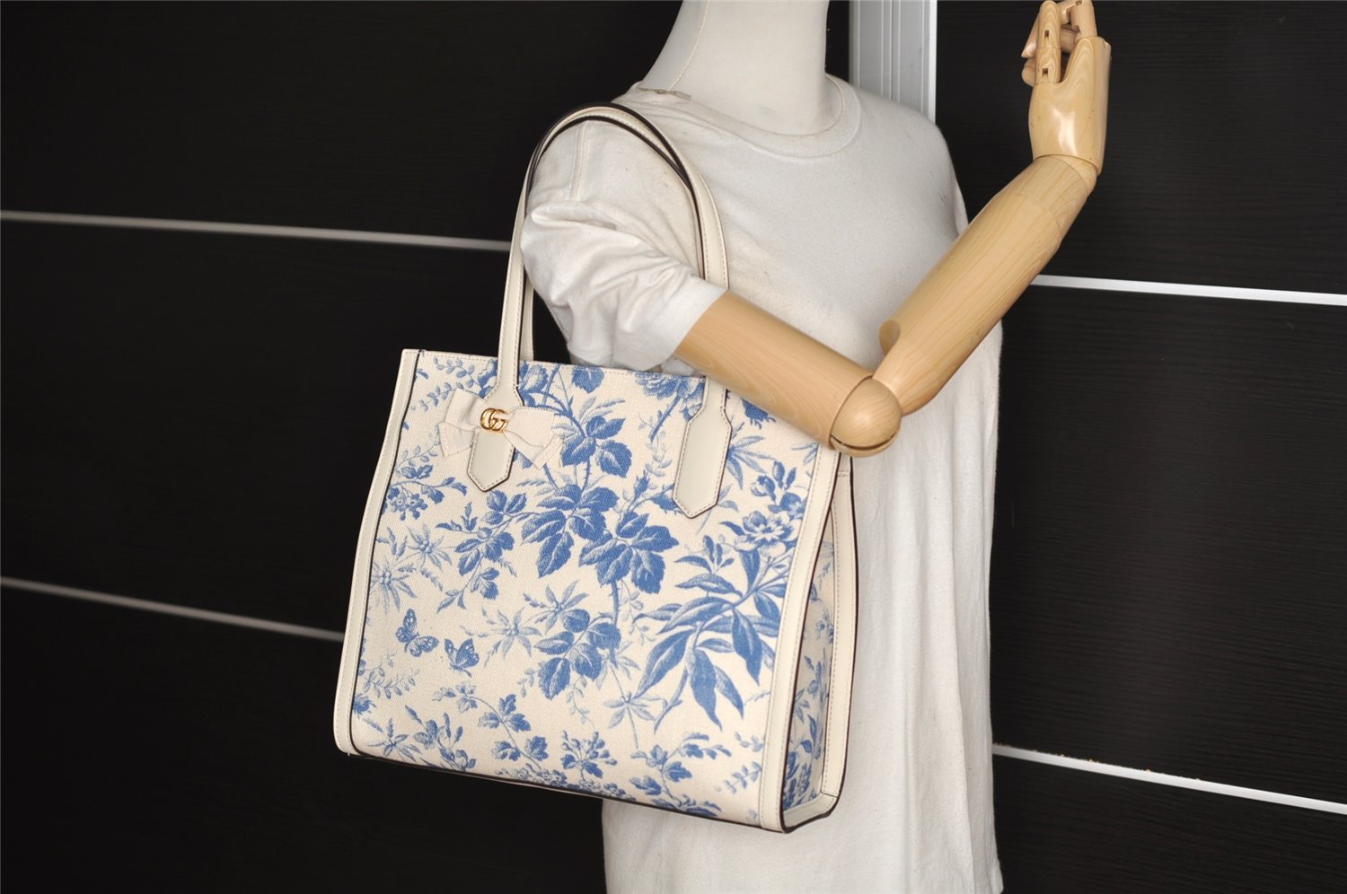 Authentic GUCCI GG Ribbon Herbarium Tote Bag Canvas Leather 432684 White 0290J