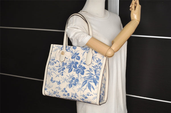 Authentic GUCCI GG Ribbon Herbarium Tote Bag Canvas Leather 432684 White 0290J