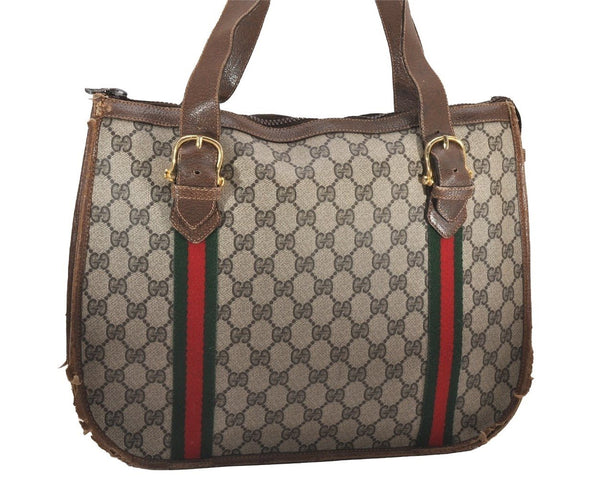 Authentic GUCCI Web Sherry Line Shoulder Tote Bag GG PVC Leather Brown 0293J