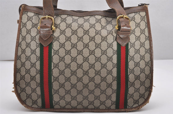 Authentic GUCCI Web Sherry Line Shoulder Tote Bag GG PVC Leather Brown 0293J