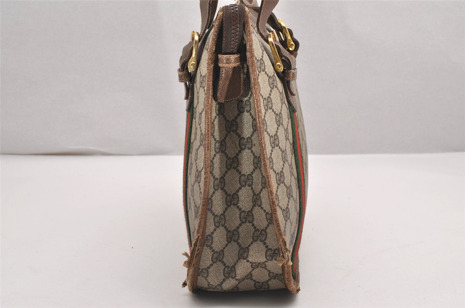 Authentic GUCCI Web Sherry Line Shoulder Tote Bag GG PVC Leather Brown 0293J