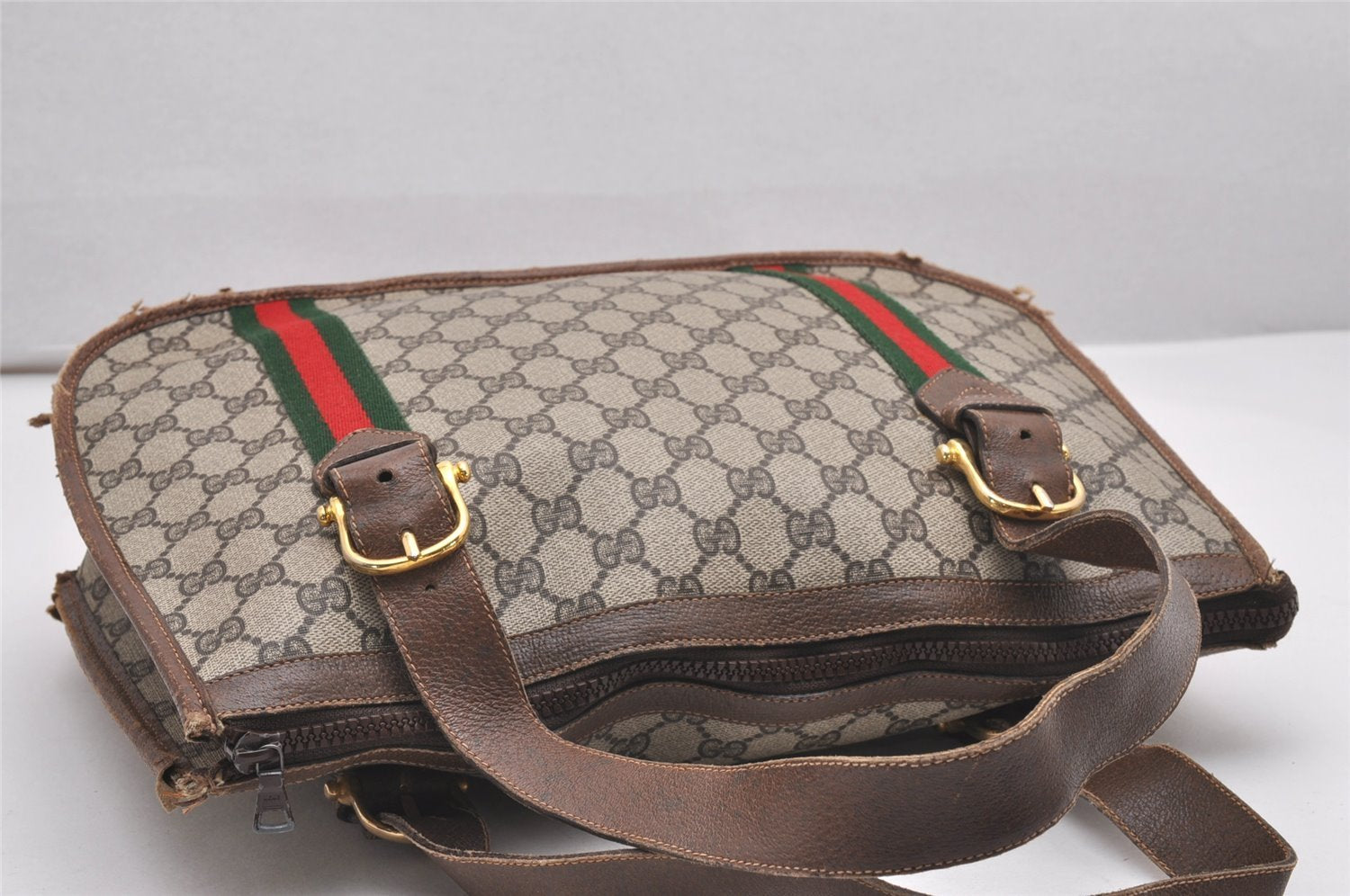 Authentic GUCCI Web Sherry Line Shoulder Tote Bag GG PVC Leather Brown 0293J