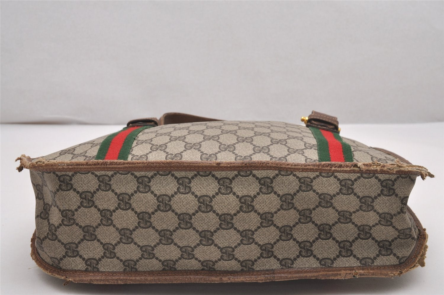Authentic GUCCI Web Sherry Line Shoulder Tote Bag GG PVC Leather Brown 0293J