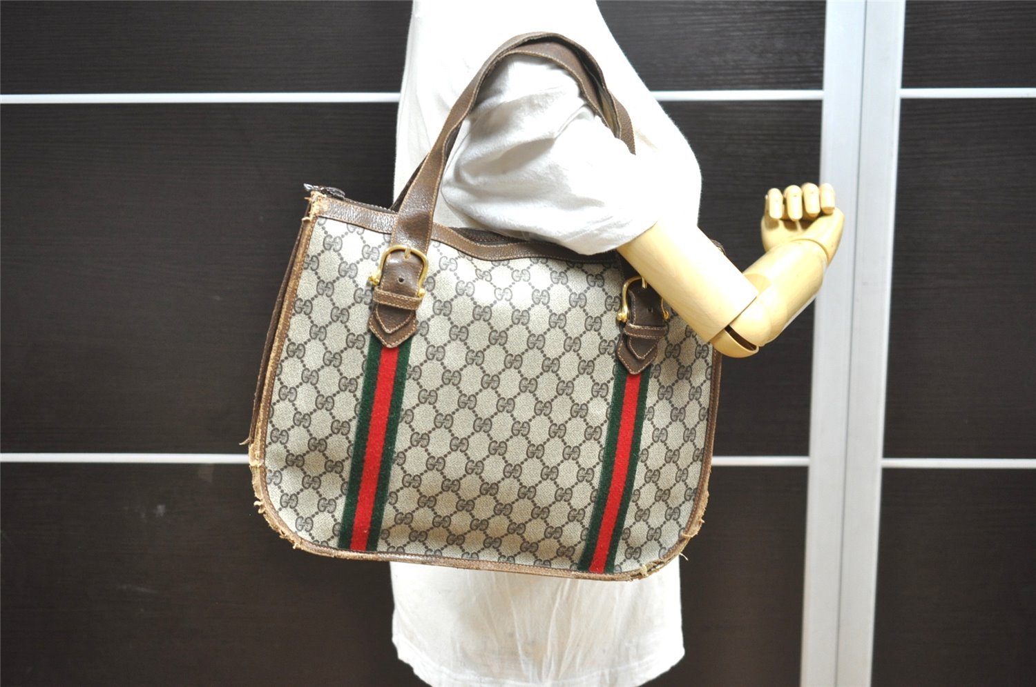 Authentic GUCCI Web Sherry Line Shoulder Tote Bag GG PVC Leather Brown 0293J