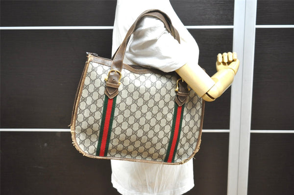 Authentic GUCCI Web Sherry Line Shoulder Tote Bag GG PVC Leather Brown 0293J