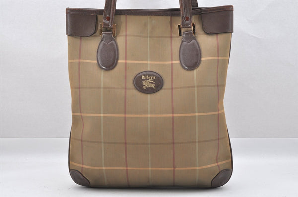 Authentic Burberrys Vintage Check Canvas Leather Hand Tote Bag Khaki Green 0296J