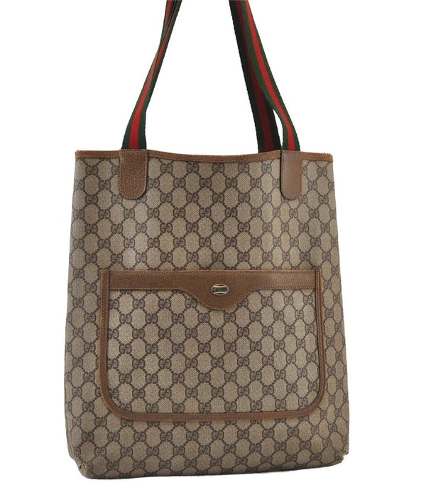 Authentic GUCCI Web Sherry Line Shoulder Tote Bag GG PVC Leather Brown 0297J