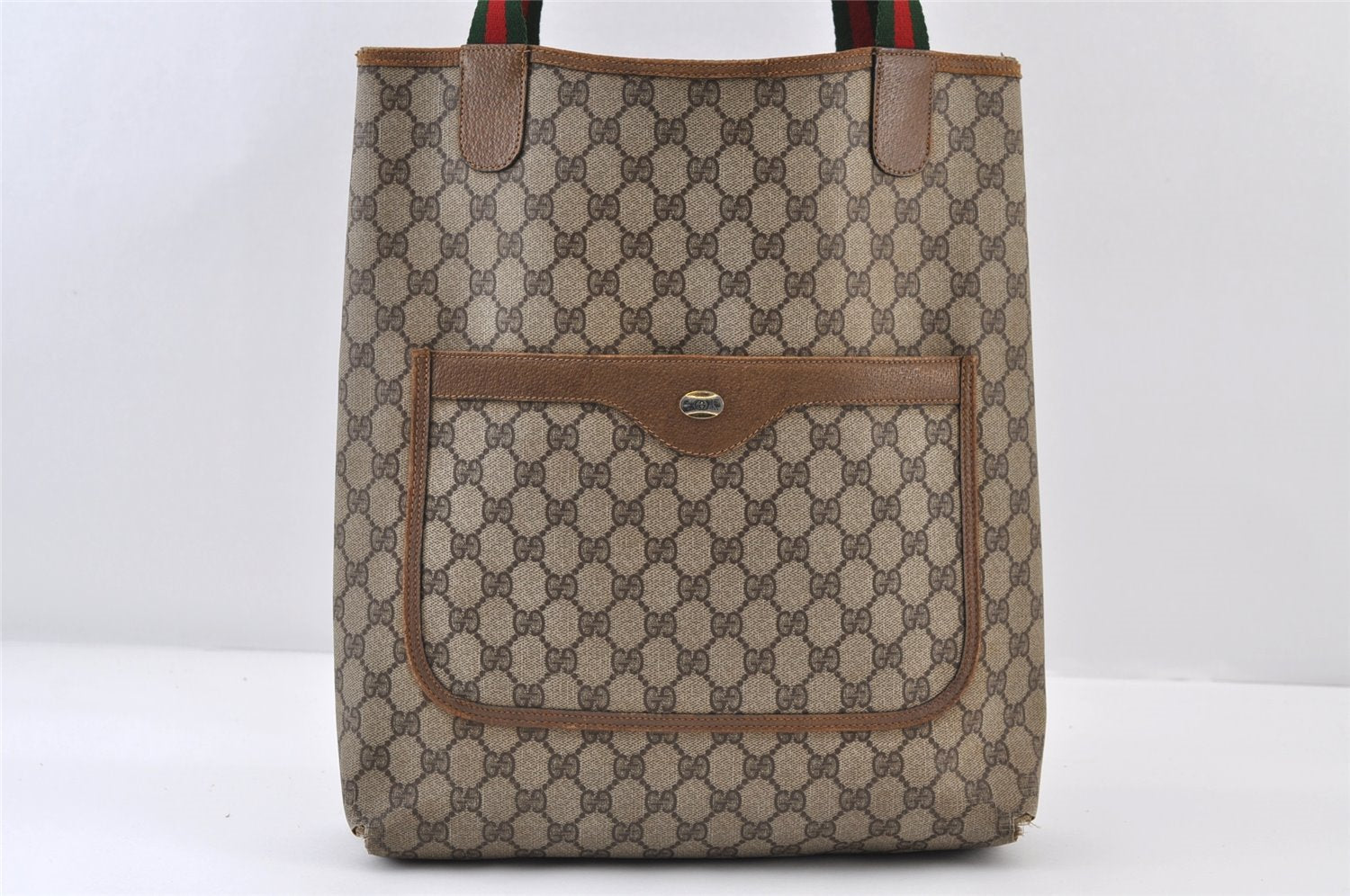 Authentic GUCCI Web Sherry Line Shoulder Tote Bag GG PVC Leather Brown 0297J
