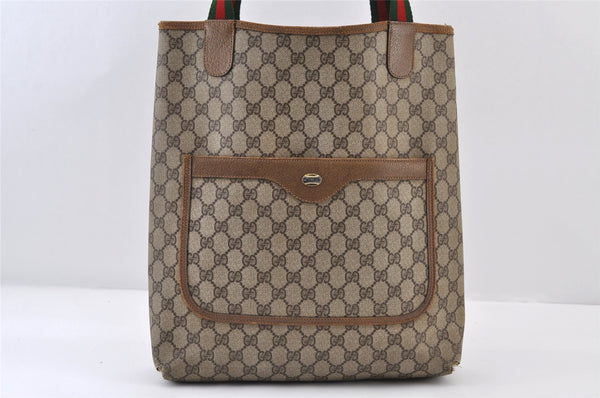 Authentic GUCCI Web Sherry Line Shoulder Tote Bag GG PVC Leather Brown 0297J