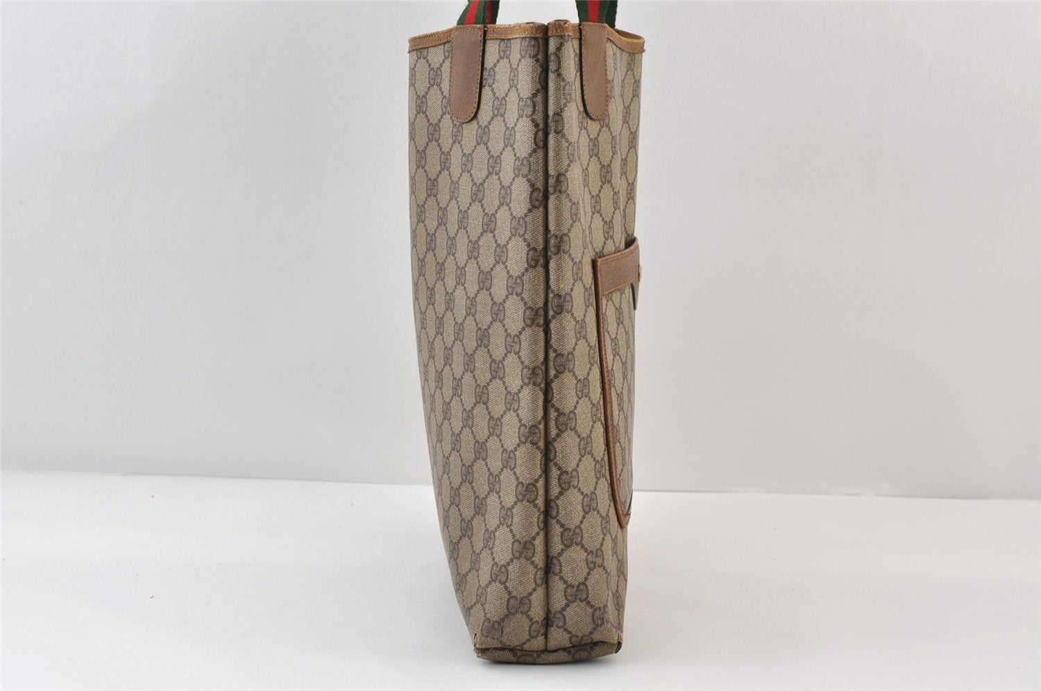 Authentic GUCCI Web Sherry Line Shoulder Tote Bag GG PVC Leather Brown 0297J