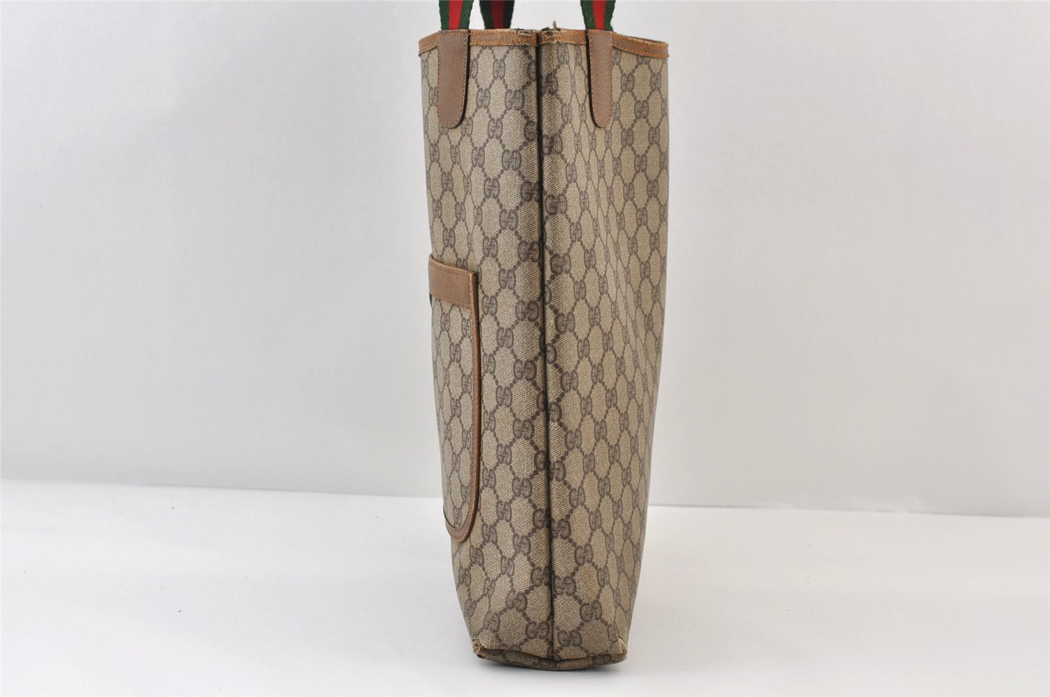 Authentic GUCCI Web Sherry Line Shoulder Tote Bag GG PVC Leather Brown 0297J