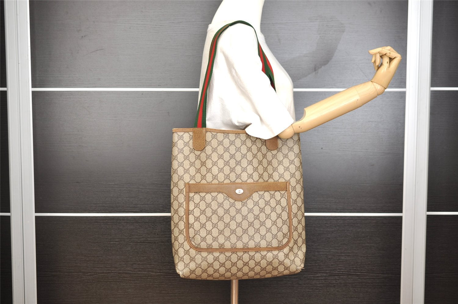 Authentic GUCCI Web Sherry Line Shoulder Tote Bag GG PVC Leather Brown 0297J