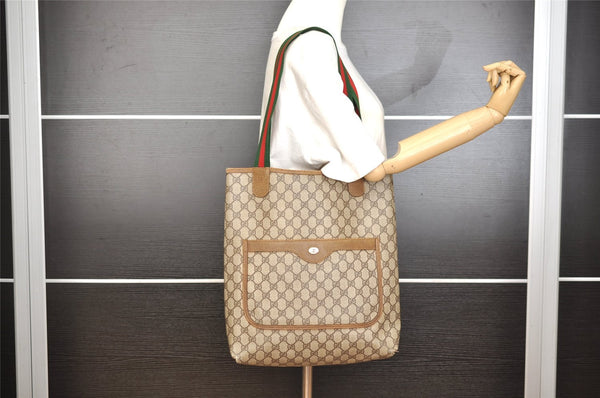 Authentic GUCCI Web Sherry Line Shoulder Tote Bag GG PVC Leather Brown 0297J