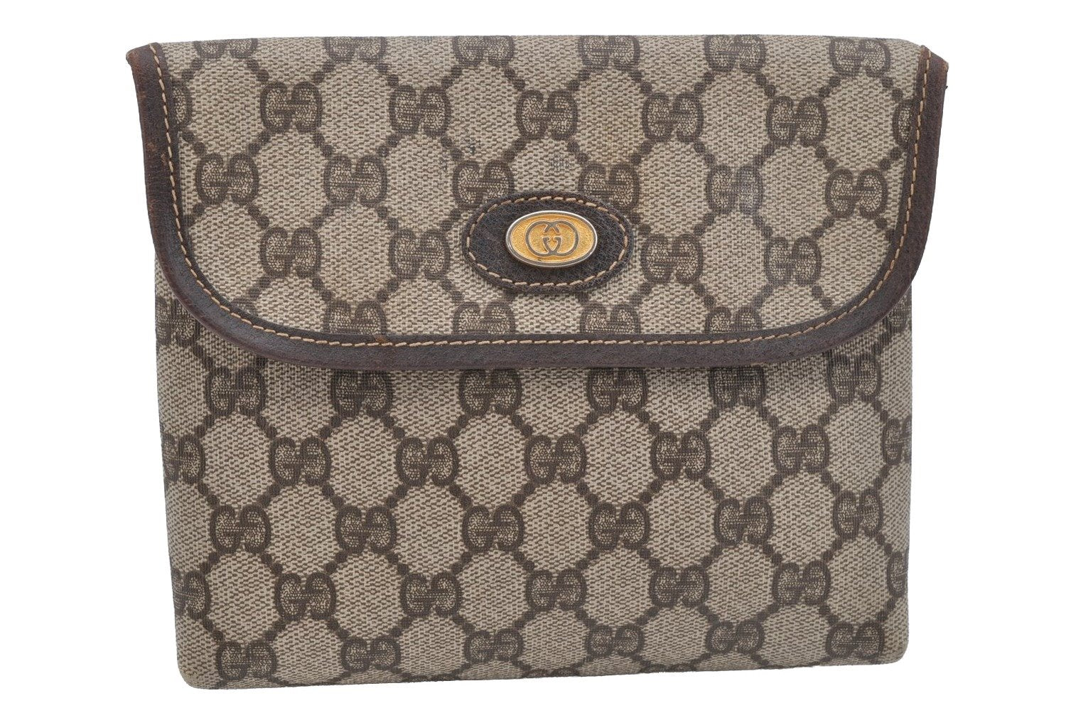 Authentic GUCCI Clutch Hand Bag Purse GG PVC Leather Brown Junk 0298J