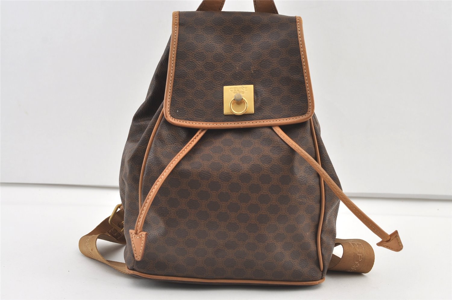 Authentic CELINE Macadam Blason Pattern Backpack Purse PVC Leather Brown 0301K