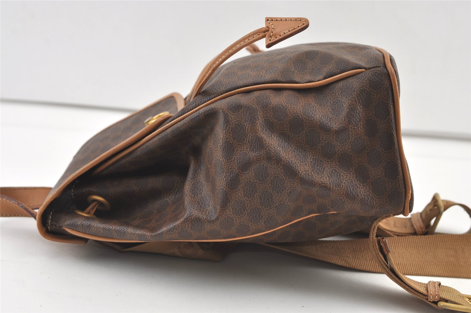 Authentic CELINE Macadam Blason Pattern Backpack Purse PVC Leather Brown 0301K