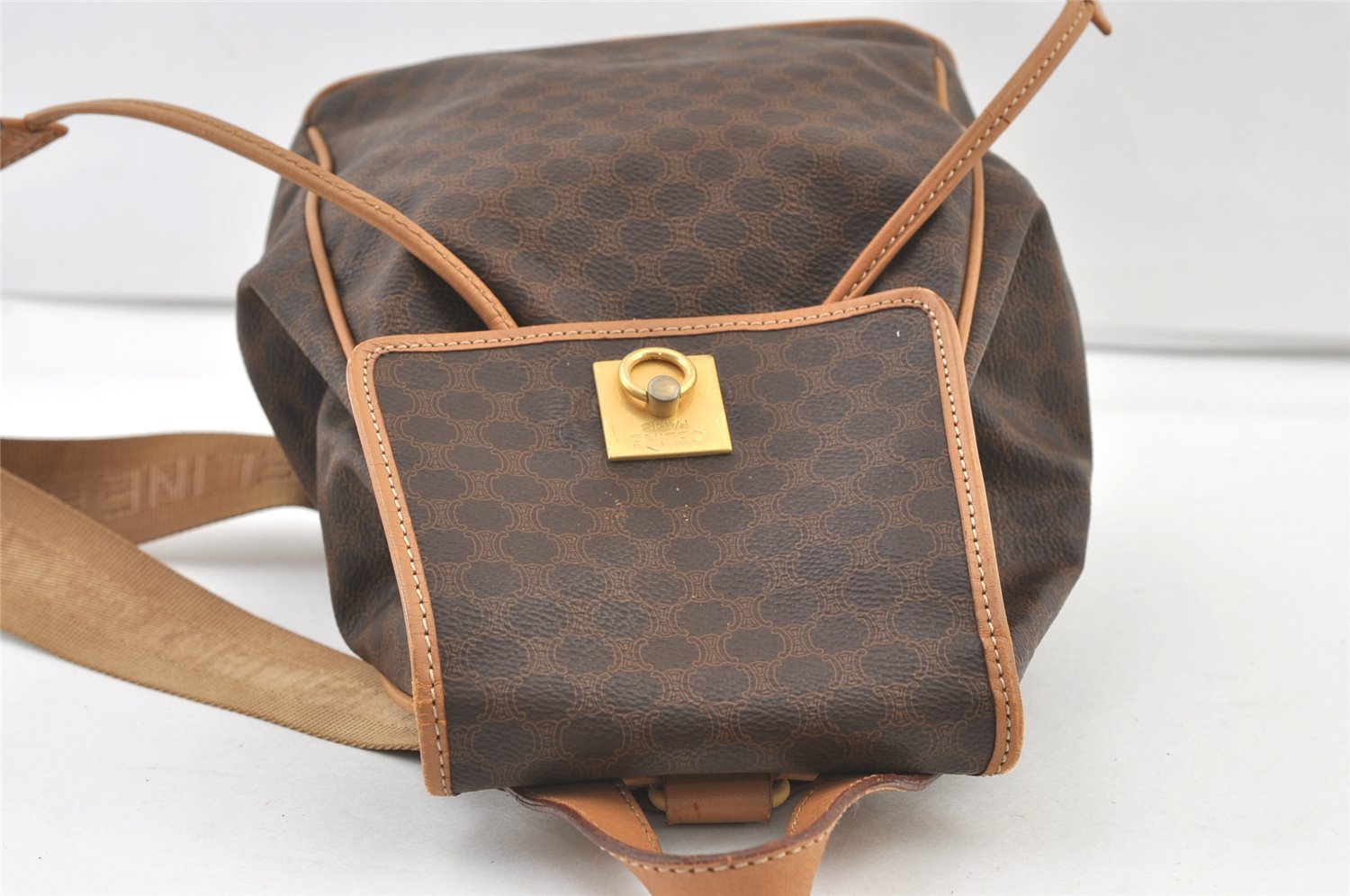 Authentic CELINE Macadam Blason Pattern Backpack Purse PVC Leather Brown 0301K
