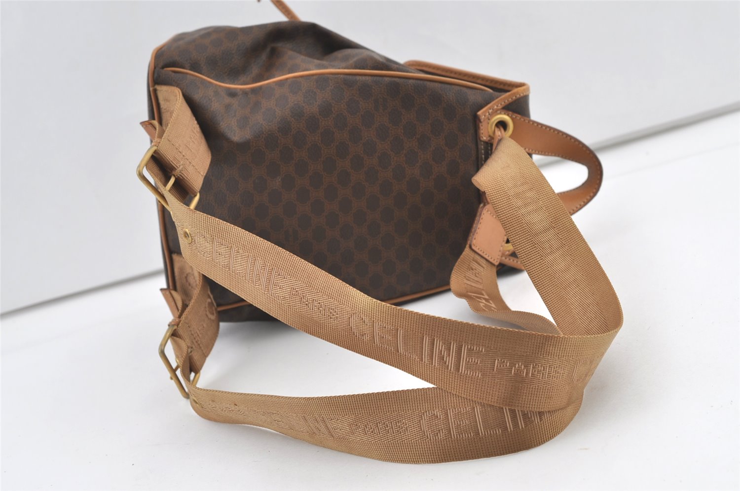 Authentic CELINE Macadam Blason Pattern Backpack Purse PVC Leather Brown 0301K