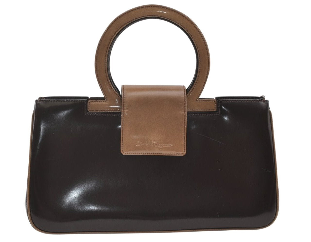Authentic Salvatore Ferragamo Vintage Gancini Leather Hand Bag Purse Brown 0302K