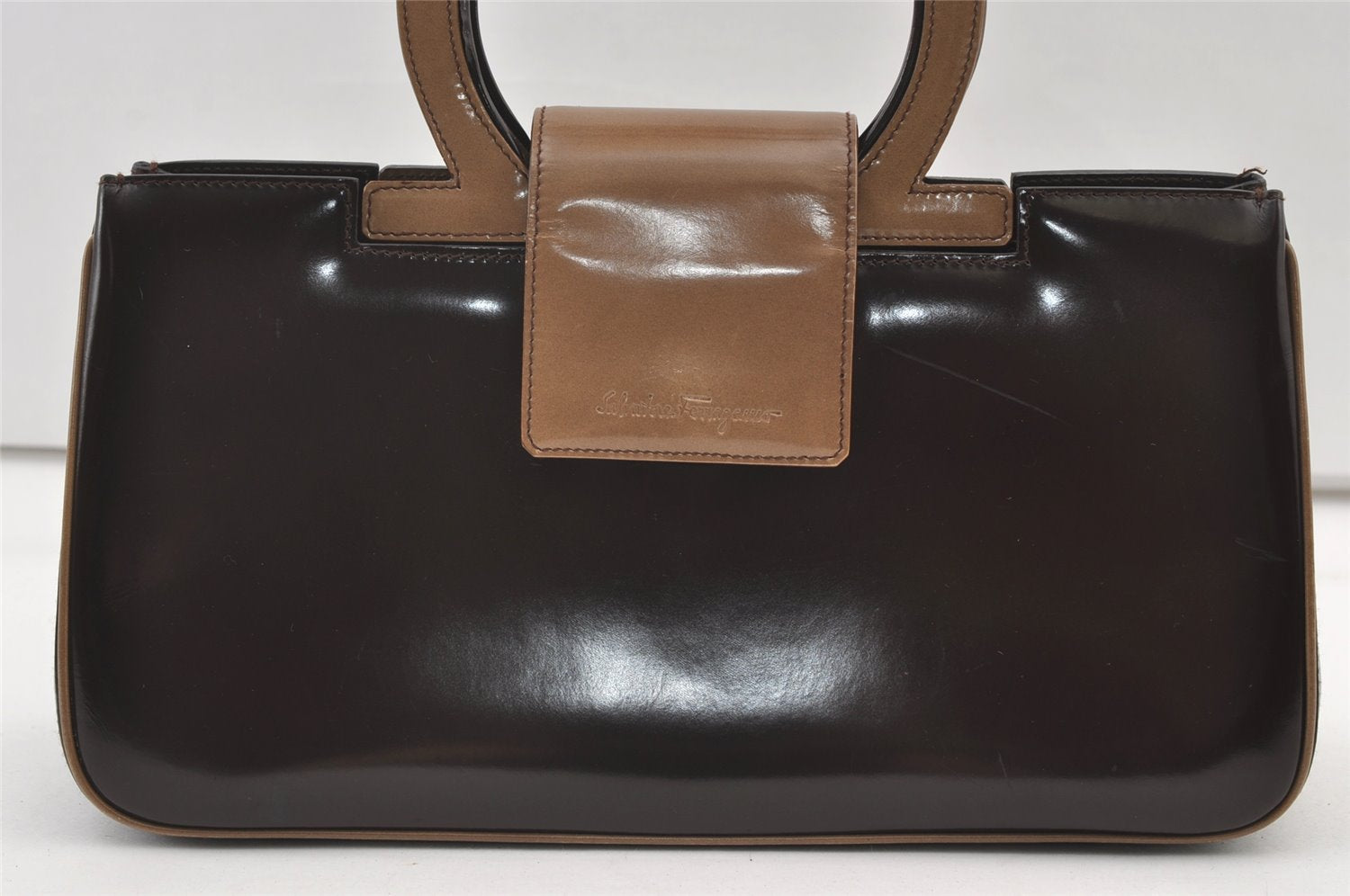 Authentic Salvatore Ferragamo Vintage Gancini Leather Hand Bag Purse Brown 0302K