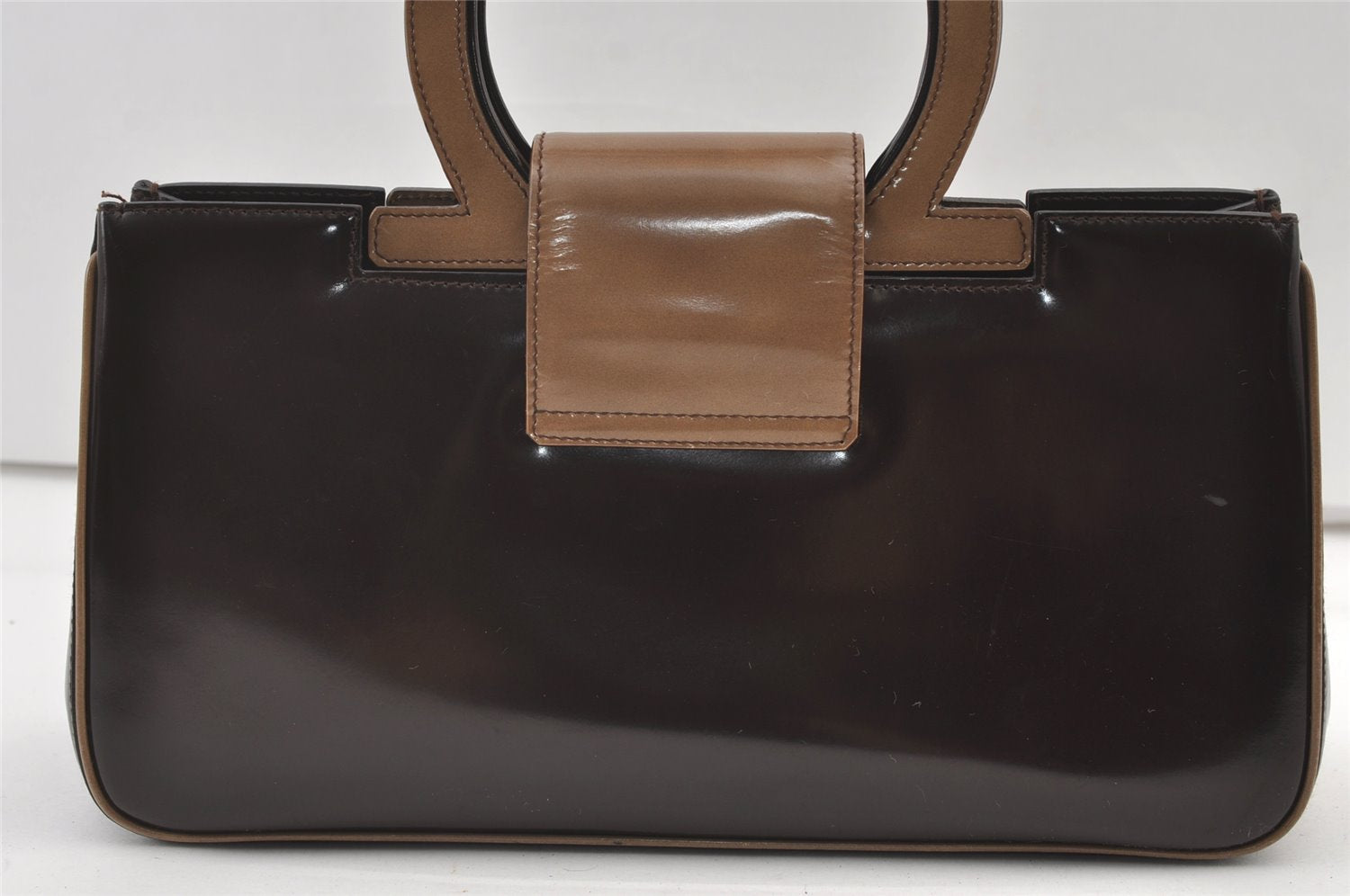 Authentic Salvatore Ferragamo Vintage Gancini Leather Hand Bag Purse Brown 0302K