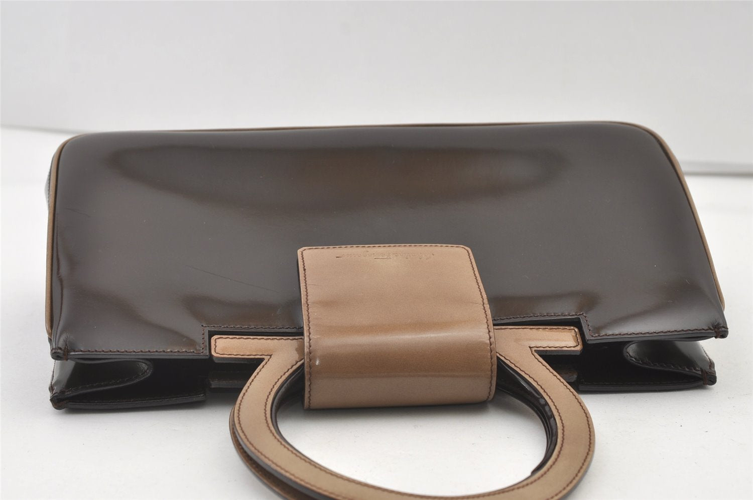 Authentic Salvatore Ferragamo Vintage Gancini Leather Hand Bag Purse Brown 0302K