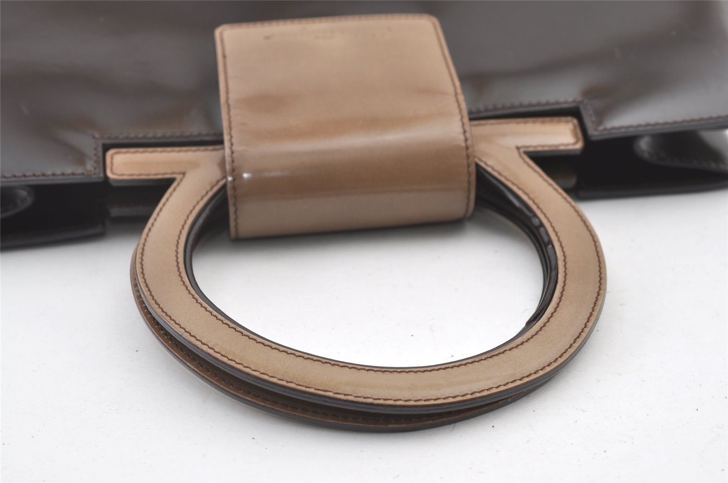Authentic Salvatore Ferragamo Vintage Gancini Leather Hand Bag Purse Brown 0302K