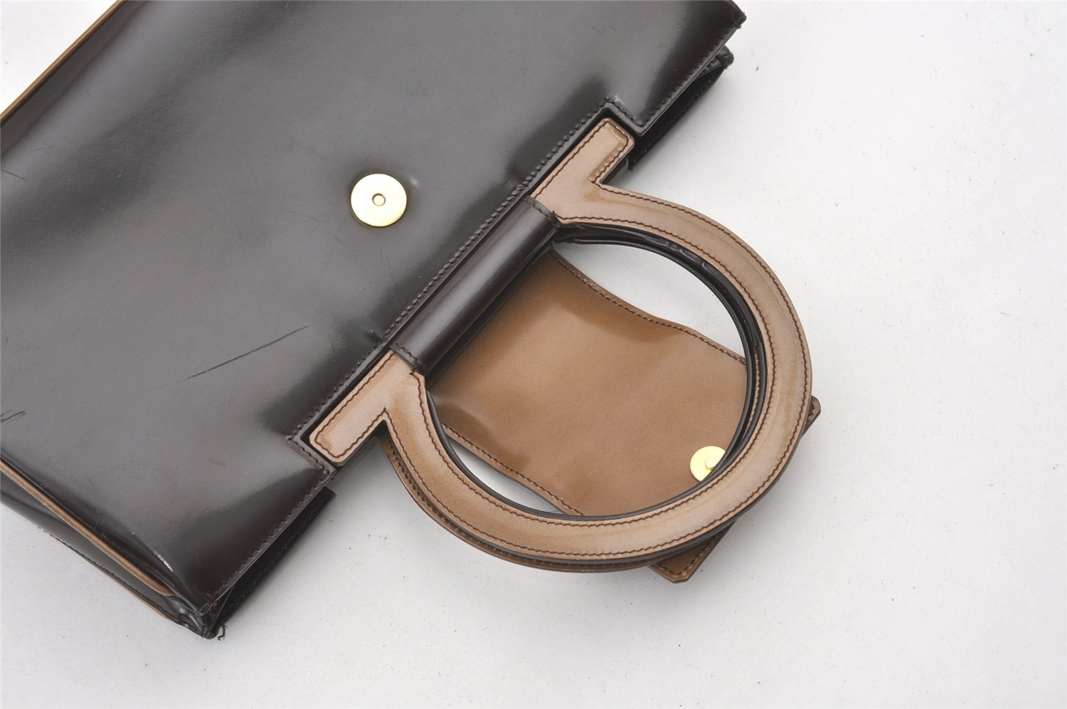 Authentic Salvatore Ferragamo Vintage Gancini Leather Hand Bag Purse Brown 0302K