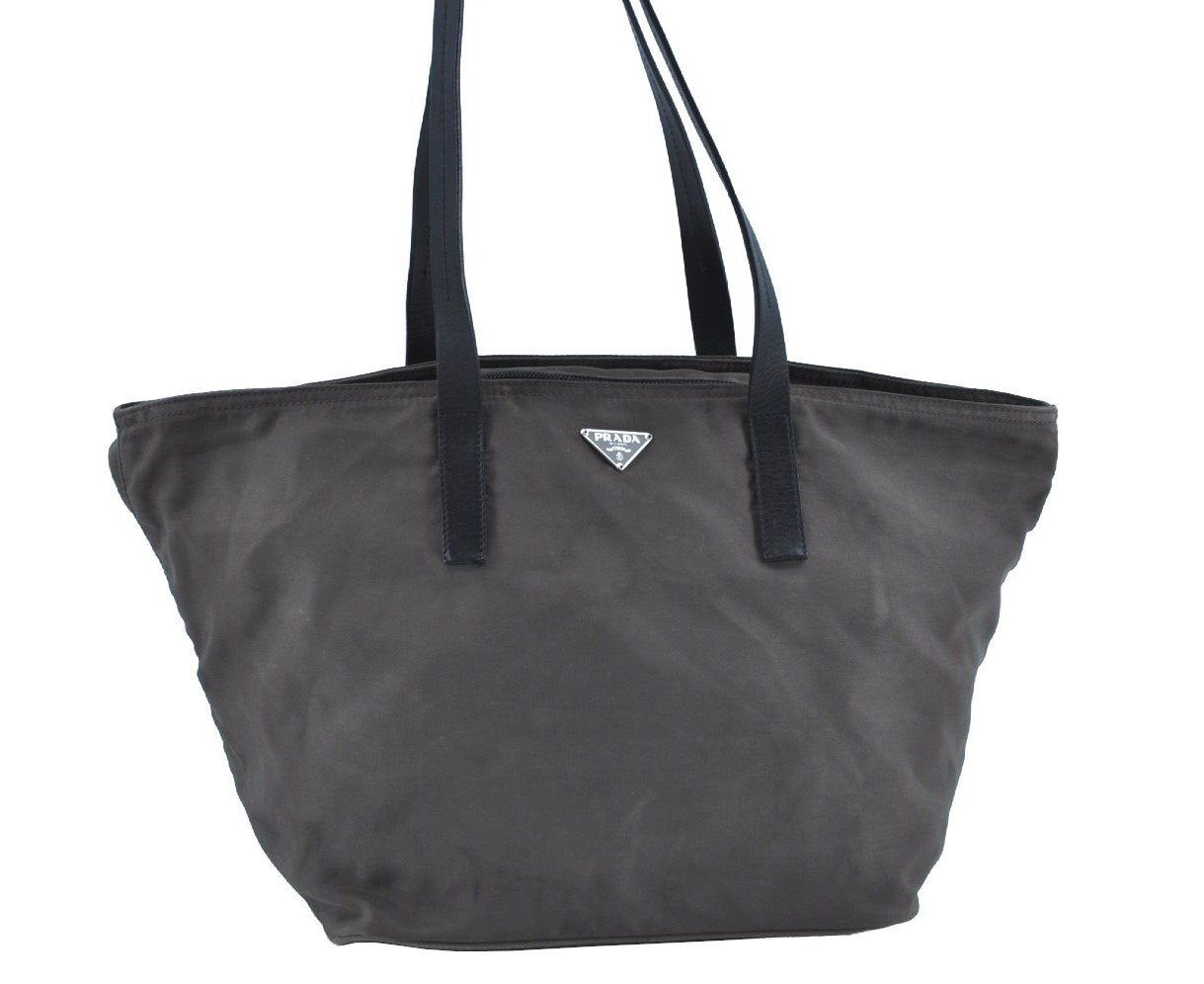 Authentic PRADA Nylon Tessuto Leather Shoulder Tote Bag Brown 0305H