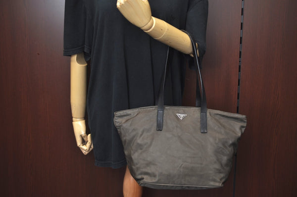 Authentic PRADA Nylon Tessuto Leather Shoulder Tote Bag Brown 0305H