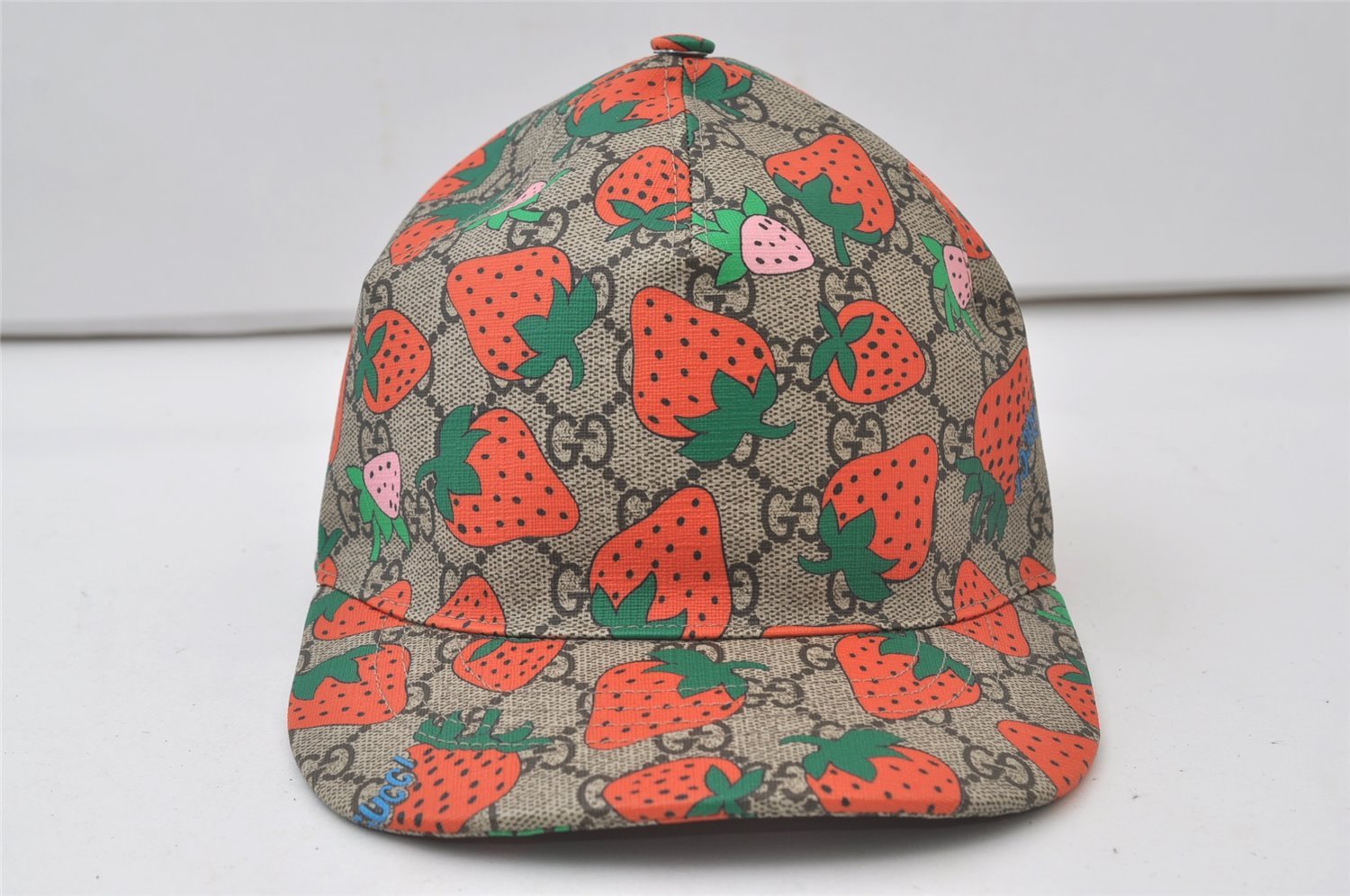 Authentic GUCCI Strawberry Cap GG PVC Leather Size S 517074 Brown Box 0308J