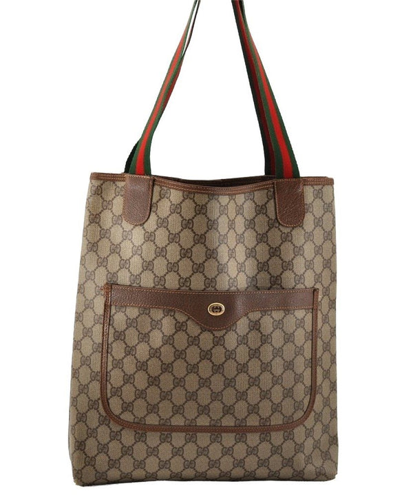 Authentic GUCCI Web Sherry Line Shoulder Tote Bag GG PVC Leather Brown 0315J