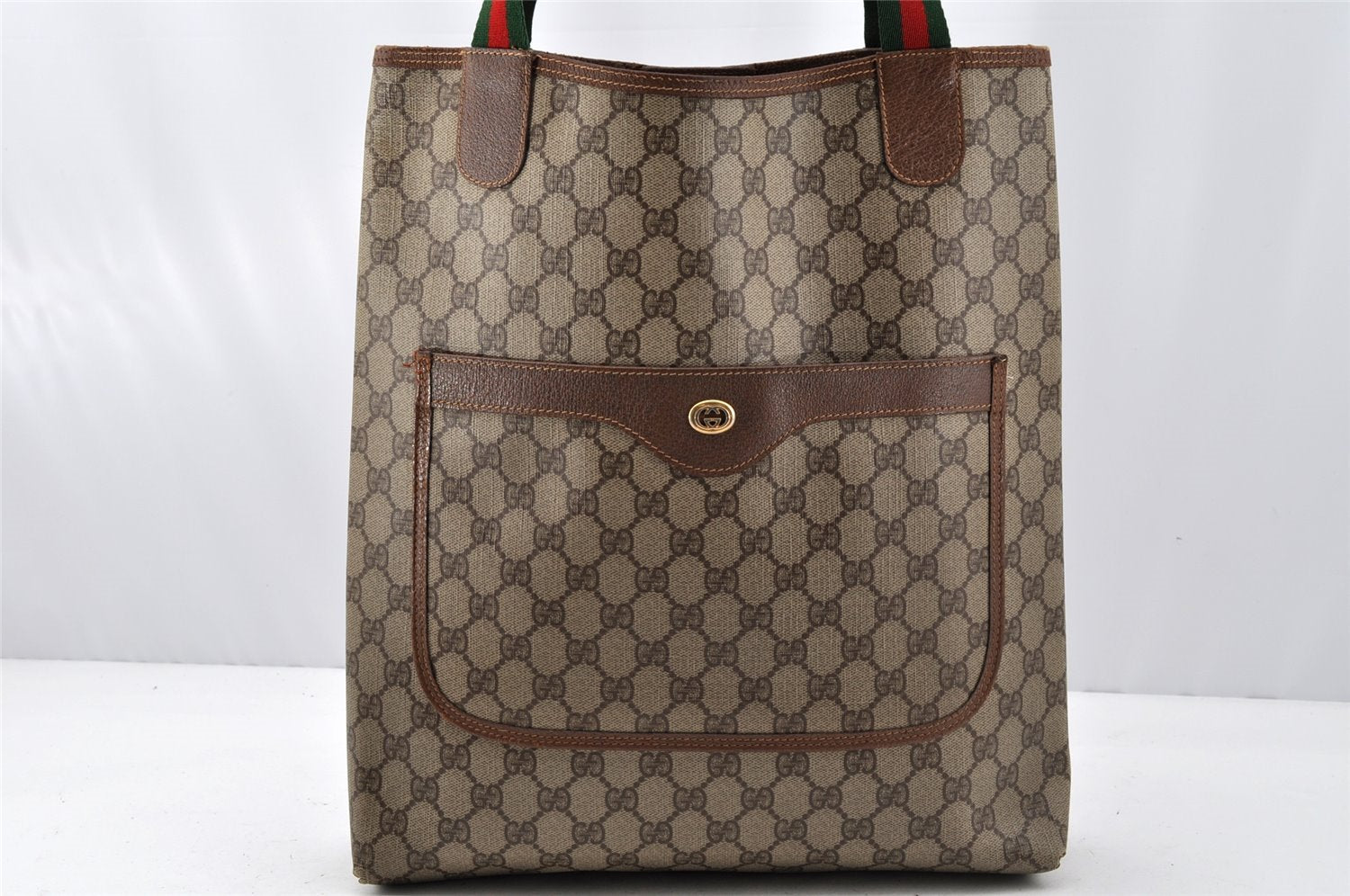 Authentic GUCCI Web Sherry Line Shoulder Tote Bag GG PVC Leather Brown 0315J