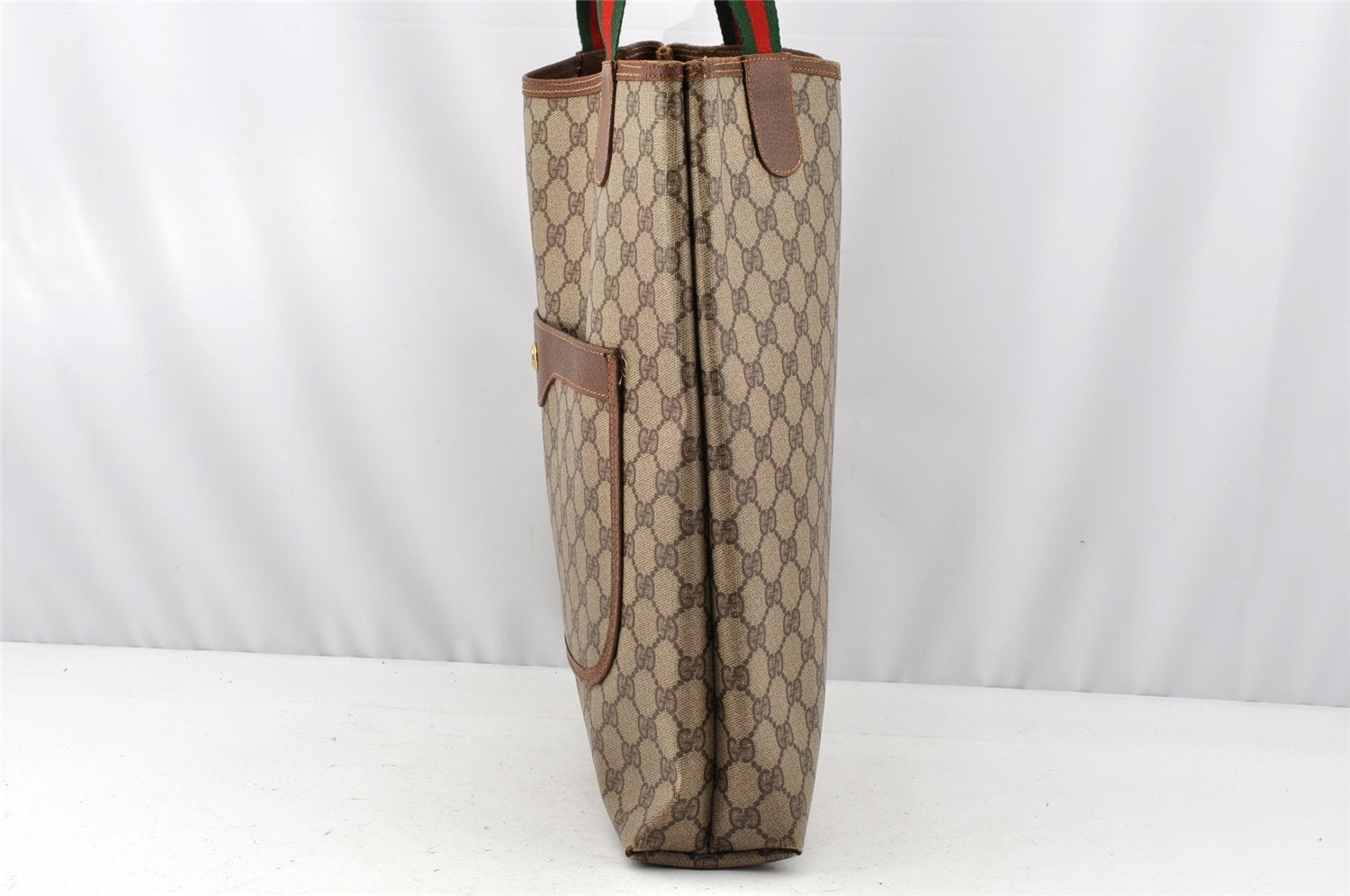 Authentic GUCCI Web Sherry Line Shoulder Tote Bag GG PVC Leather Brown 0315J