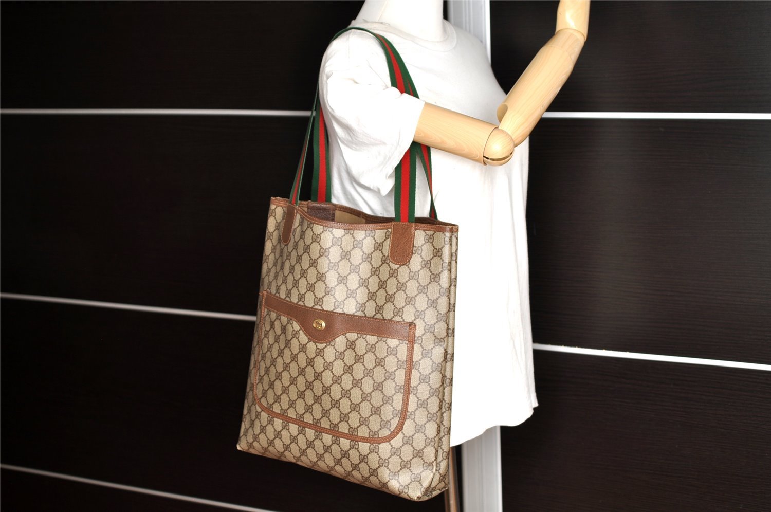 Authentic GUCCI Web Sherry Line Shoulder Tote Bag GG PVC Leather Brown 0315J