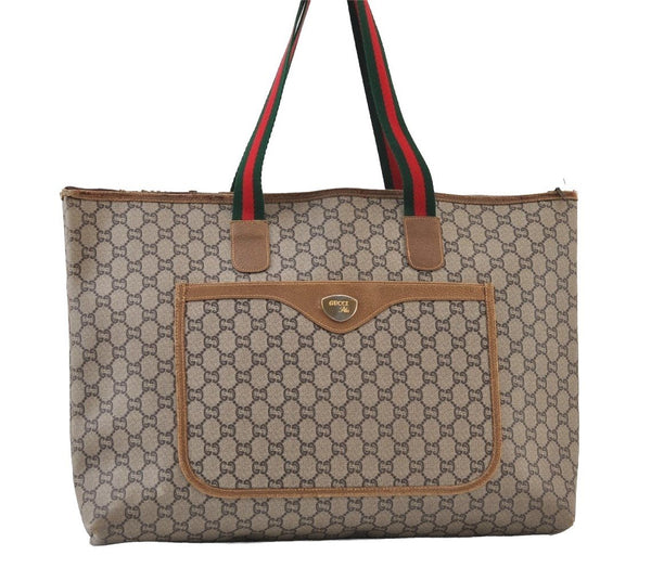 Authentic GUCCI Web Sherry Line GG Plus Tote Bag GG PVC Leather Brown 0320J