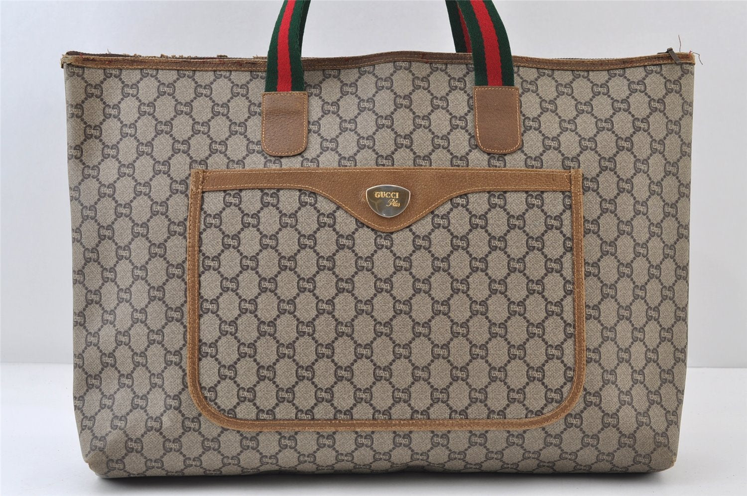 Authentic GUCCI Web Sherry Line GG Plus Tote Bag GG PVC Leather Brown 0320J