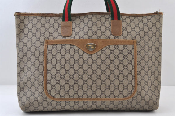 Authentic GUCCI Web Sherry Line GG Plus Tote Bag GG PVC Leather Brown 0320J