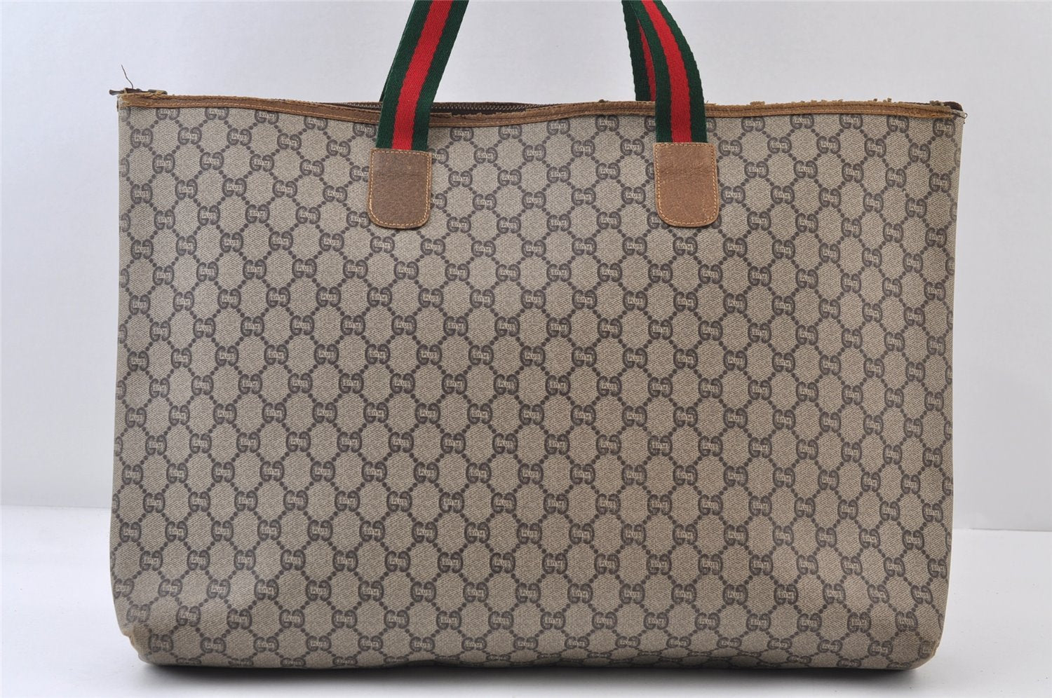 Authentic GUCCI Web Sherry Line GG Plus Tote Bag GG PVC Leather Brown 0320J