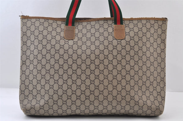Authentic GUCCI Web Sherry Line GG Plus Tote Bag GG PVC Leather Brown 0320J
